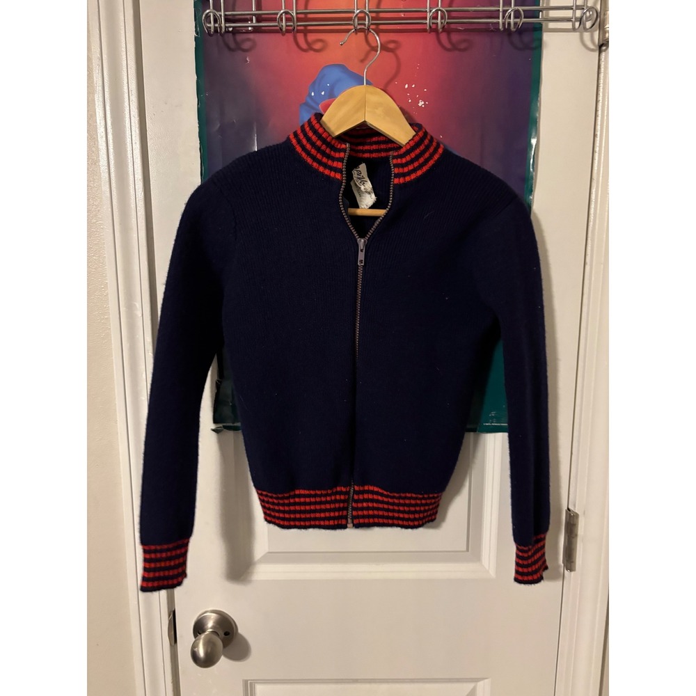 Vintage Knit Zip Up Track Jacket Navy Red Striped Collar Cuffs 60s